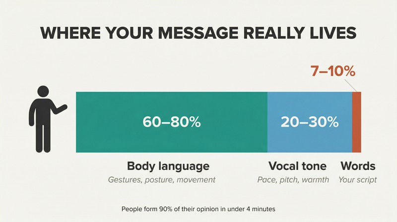Proportional bar showing body language dominates 60-80% of communication impact while words contribute under 10%.