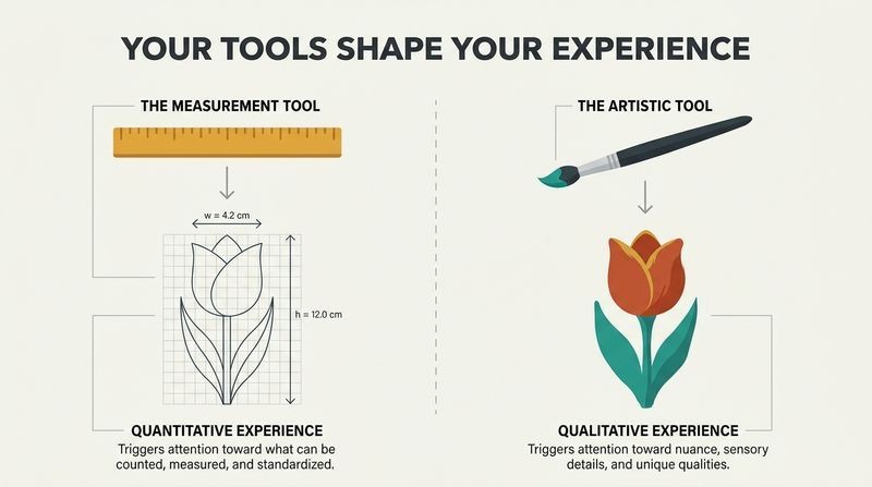 Split panel diagram comparing how a ruler and a paintbrush filter the same flower into a quantitative blueprint versus a qualitative painting.