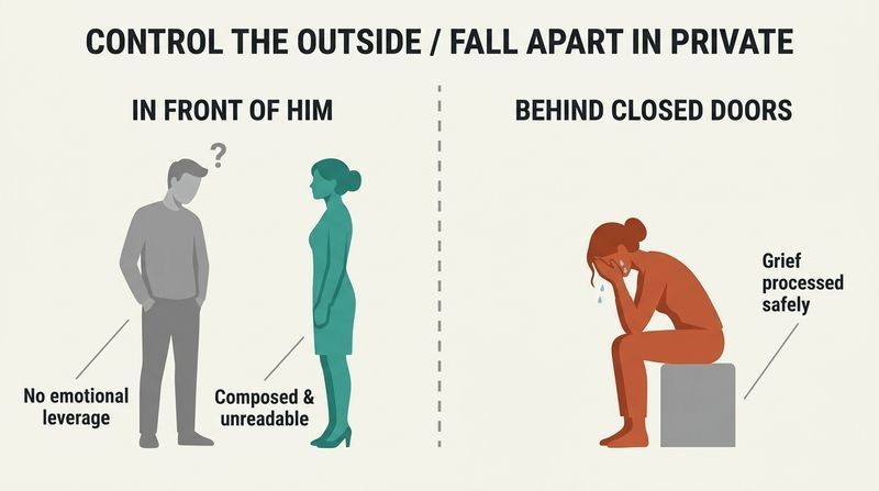 Split-panel diagram showing a poised woman maintaining calm logic in front of her ex-partner on the left, and releasing her grief privately behind closed doors on the right.
