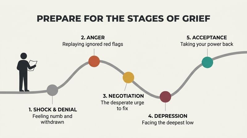 A wave-like emotional roadmap showing the five predictable stages of post-breakup grief, from shock to acceptance, helping a person navigate the recovery process.