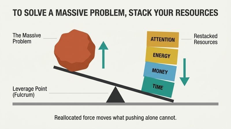 Mechanical lever diagram showing a heavy boulder representing 'The Problem' being lifted easily by a concentrated vertical stack of colored blocks representing 'Restacked Resources' over a pivot labeled 'Leverage Point'.