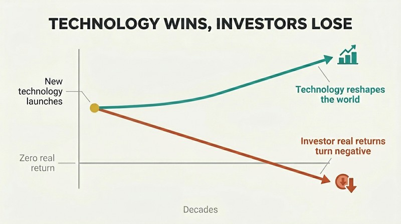 Two diverging lines from a shared origin: technology adoption rises while investor real returns fall into negative territory over decades.