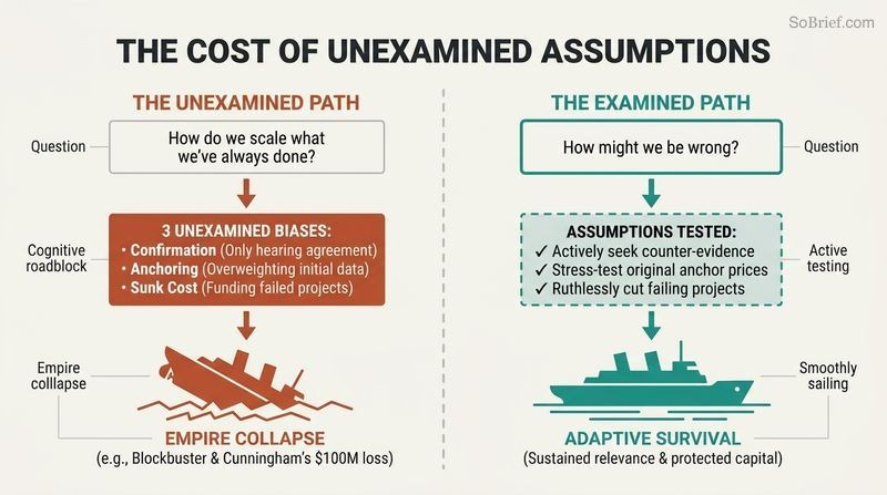 Split diagram comparing a blind decision path blocked by unexamined biases with an intentional path that actively questions assumptions.