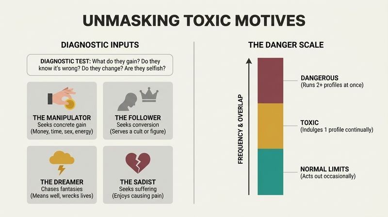 A comparative split-panel diagram mapping the four harmful personality types alongside a vertical scale showing how behavioral frequency and multi-type overlap elevate danger.