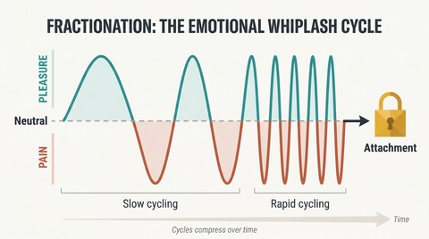 Oscillating waveform alternating between pleasure peaks and pain valleys, with cycles compressing over time toward an emotional lock icon representing addiction.