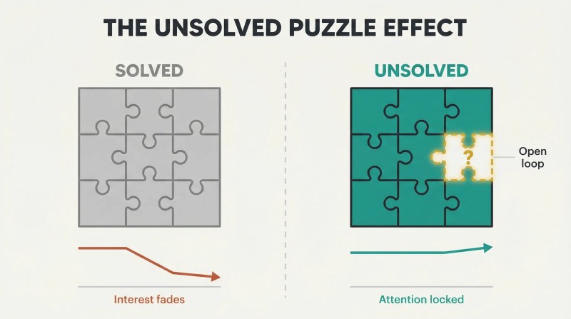 Split comparison showing a complete gray puzzle with declining interest versus an incomplete teal puzzle with a glowing missing piece and sustained attention.