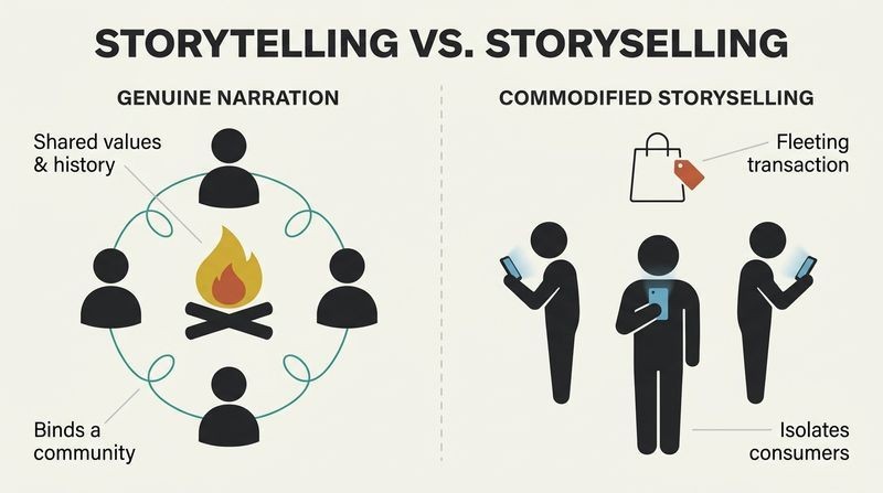 A split-panel diagram contrasting genuine storytelling, which binds a community around a shared fire, with corporate storyselling, which isolates individuals behind glowing screens.