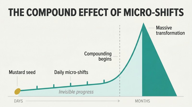 Exponential growth curve rising from a tiny seed, showing how small daily belief shifts compound into disproportionately massive life transformation over time.