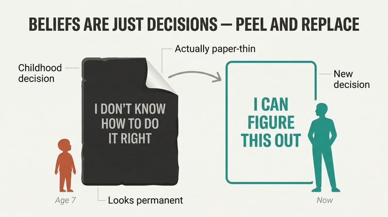 A stone-like tablet with old limiting text peels away like thin paper, revealing a fresh teal card with a new empowering decision underneath.