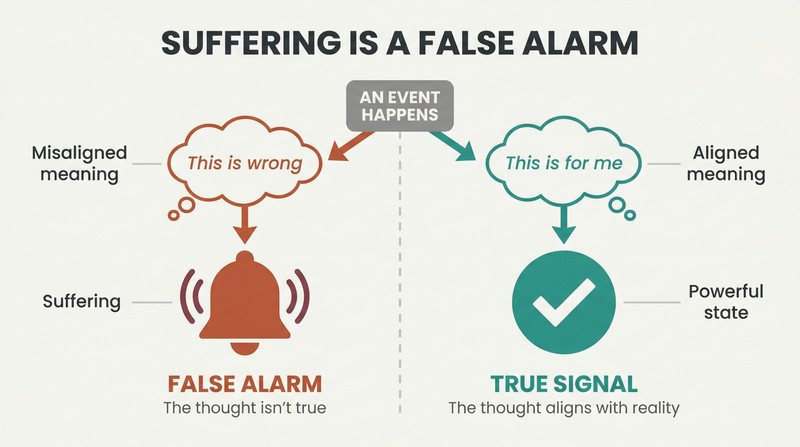 Split panel comparing a misaligned thought triggering a red alarm bell labeled false alarm with an aligned thought producing a calm teal signal labeled true signal.