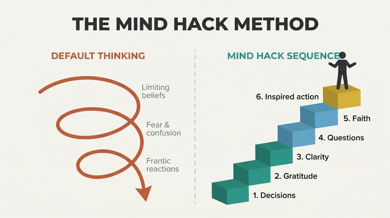 Split panel comparing a downward spiral of default reactive thinking on the left with six ascending staircase steps of the Mind Hack Method on the right.