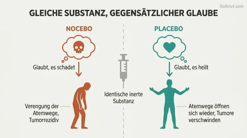 Split panel showing an identical substance at center diverging left toward sickness through nocebo belief and right toward healing through placebo belief.