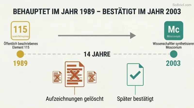 Timeline showing Bob Lazar's 1989 Element 115 prediction on the left connected by a 14-year gap to its 2003 scientific confirmation on the right, with redacted records shown below.