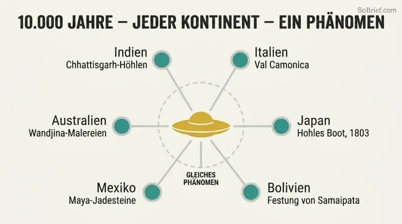 Hub-and-spoke diagram with a central disc shape connected by lines to six labeled nodes representing ancient civilizations across different continents that independently depicted similar aerial phenomena.
