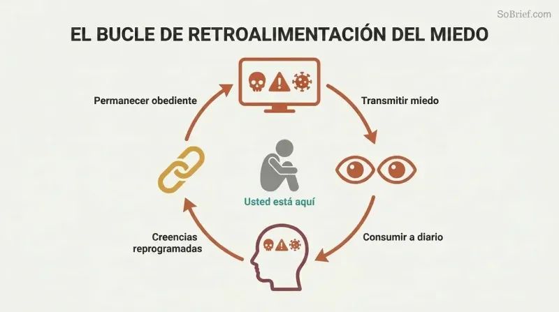 Four-node circular diagram showing how media broadcasts fear, audiences consume it, beliefs get reprogrammed, and compliance drives further consumption in a self-reinforcing loop.