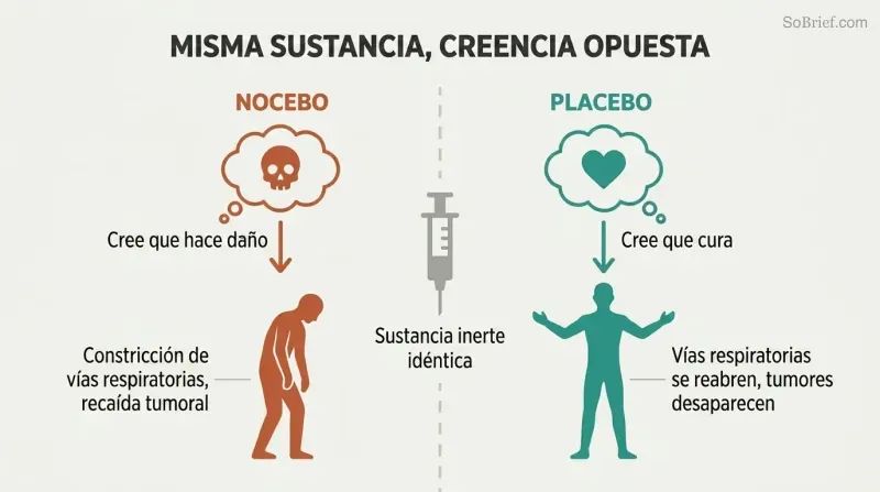 Split panel showing an identical substance at center diverging left toward sickness through nocebo belief and right toward healing through placebo belief.