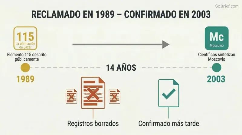 Timeline showing Bob Lazar's 1989 Element 115 prediction on the left connected by a 14-year gap to its 2003 scientific confirmation on the right, with redacted records shown below.