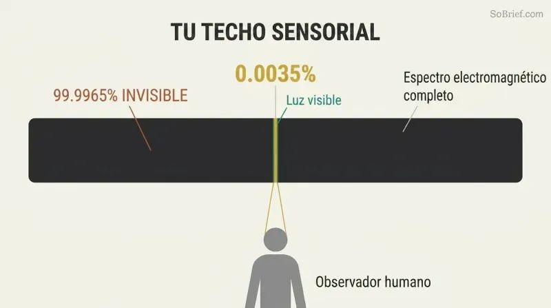 Proportion diagram showing a vast horizontal spectrum bar where a nearly invisible sliver represents the 0.0035% humans can see.