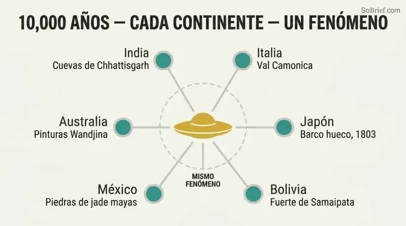 Hub-and-spoke diagram with a central disc shape connected by lines to six labeled nodes representing ancient civilizations across different continents that independently depicted similar aerial phenomena.