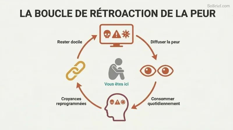 Four-node circular diagram showing how media broadcasts fear, audiences consume it, beliefs get reprogrammed, and compliance drives further consumption in a self-reinforcing loop.