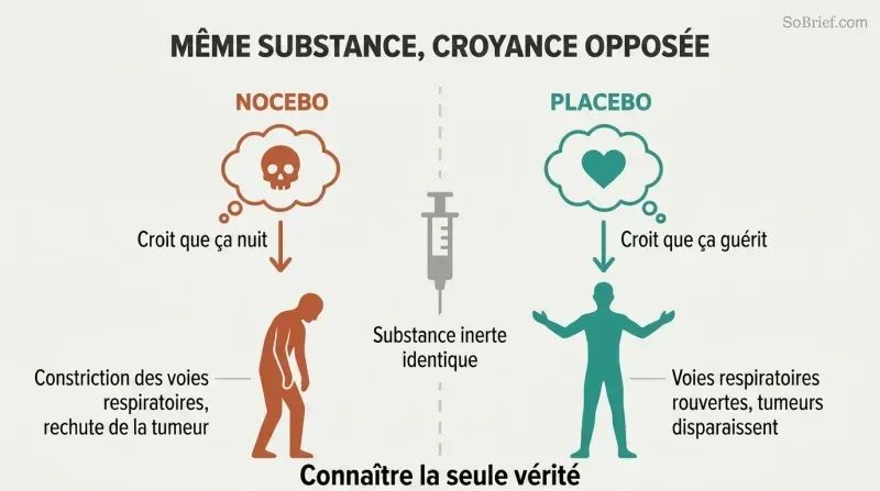 Split panel showing an identical substance at center diverging left toward sickness through nocebo belief and right toward healing through placebo belief.