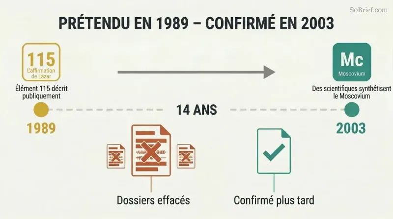 Timeline showing Bob Lazar's 1989 Element 115 prediction on the left connected by a 14-year gap to its 2003 scientific confirmation on the right, with redacted records shown below.