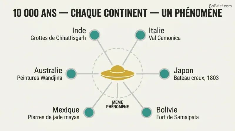 Hub-and-spoke diagram with a central disc shape connected by lines to six labeled nodes representing ancient civilizations across different continents that independently depicted similar aerial phenomena.