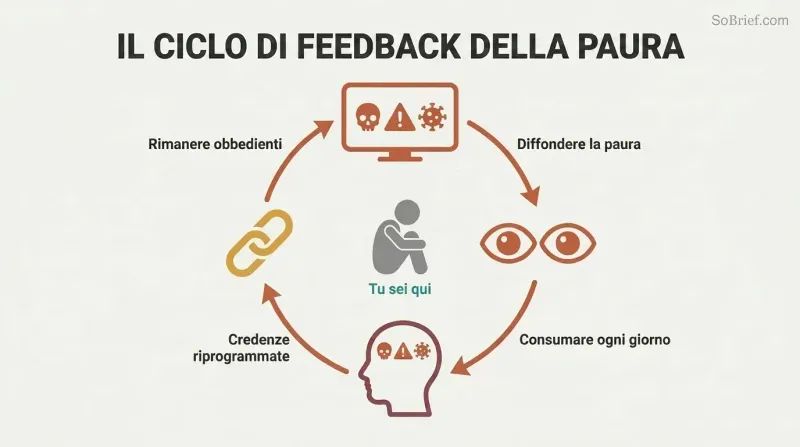 Four-node circular diagram showing how media broadcasts fear, audiences consume it, beliefs get reprogrammed, and compliance drives further consumption in a self-reinforcing loop.