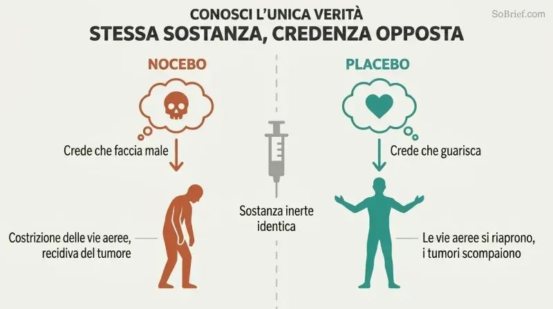 Split panel showing an identical substance at center diverging left toward sickness through nocebo belief and right toward healing through placebo belief.