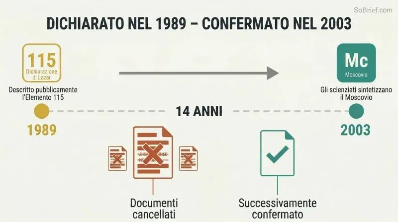 Timeline showing Bob Lazar's 1989 Element 115 prediction on the left connected by a 14-year gap to its 2003 scientific confirmation on the right, with redacted records shown below.