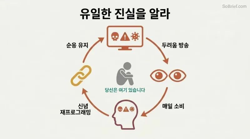 Four-node circular diagram showing how media broadcasts fear, audiences consume it, beliefs get reprogrammed, and compliance drives further consumption in a self-reinforcing loop.