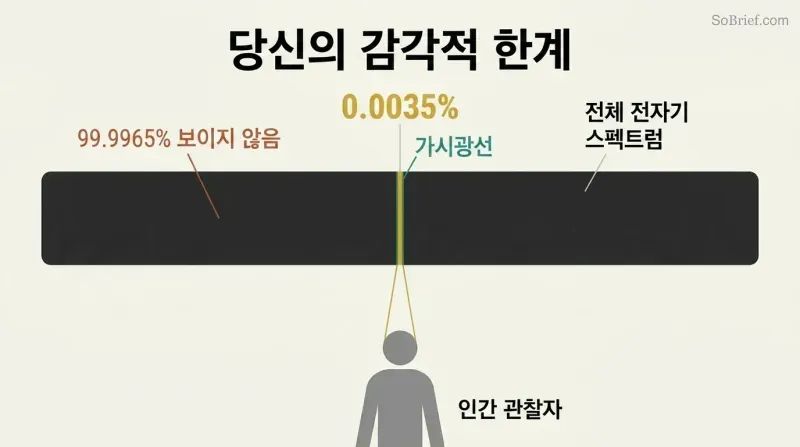 Proportion diagram showing a vast horizontal spectrum bar where a nearly invisible sliver represents the 0.0035% humans can see.