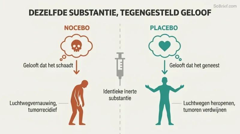 Split panel showing an identical substance at center diverging left toward sickness through nocebo belief and right toward healing through placebo belief.