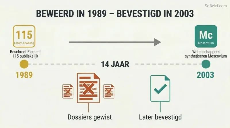 Timeline showing Bob Lazar's 1989 Element 115 prediction on the left connected by a 14-year gap to its 2003 scientific confirmation on the right, with redacted records shown below.