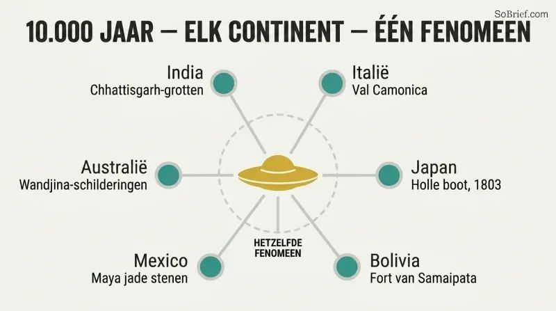 Hub-and-spoke diagram with a central disc shape connected by lines to six labeled nodes representing ancient civilizations across different continents that independently depicted similar aerial phenomena.