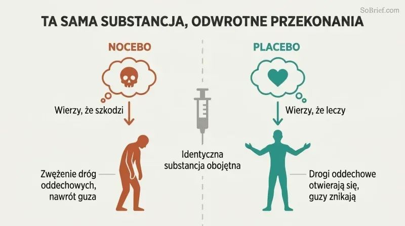 Split panel showing an identical substance at center diverging left toward sickness through nocebo belief and right toward healing through placebo belief.