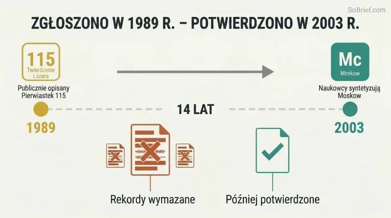 Timeline showing Bob Lazar's 1989 Element 115 prediction on the left connected by a 14-year gap to its 2003 scientific confirmation on the right, with redacted records shown below.