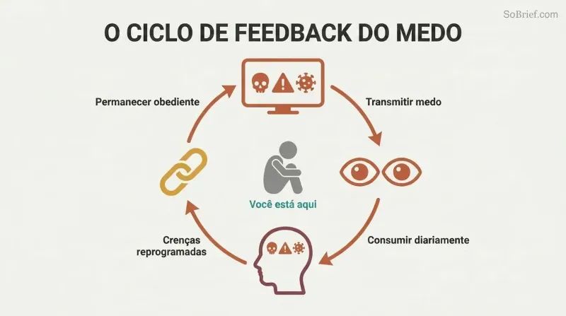 Four-node circular diagram showing how media broadcasts fear, audiences consume it, beliefs get reprogrammed, and compliance drives further consumption in a self-reinforcing loop.