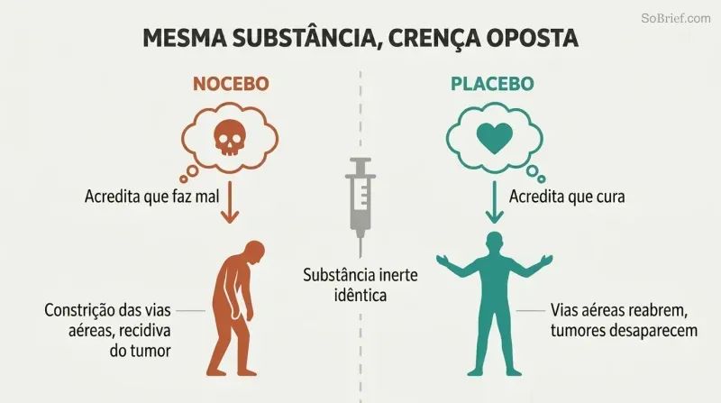 Split panel showing an identical substance at center diverging left toward sickness through nocebo belief and right toward healing through placebo belief.