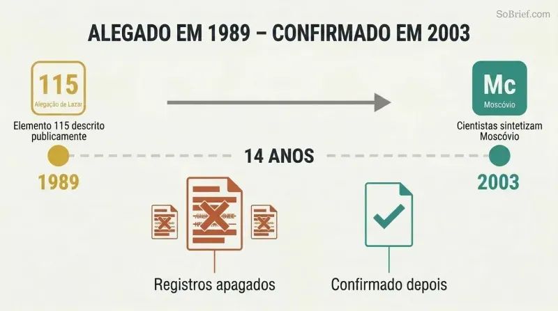 Timeline showing Bob Lazar's 1989 Element 115 prediction on the left connected by a 14-year gap to its 2003 scientific confirmation on the right, with redacted records shown below.
