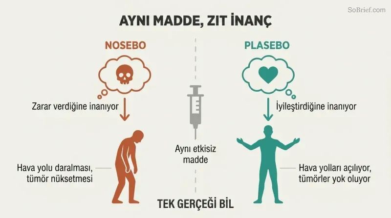 Split panel showing an identical substance at center diverging left toward sickness through nocebo belief and right toward healing through placebo belief.