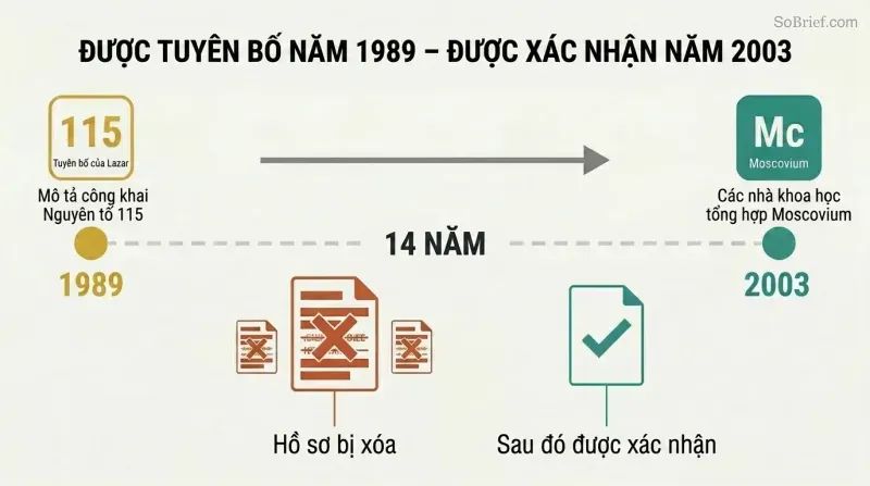 Timeline showing Bob Lazar's 1989 Element 115 prediction on the left connected by a 14-year gap to its 2003 scientific confirmation on the right, with redacted records shown below.
