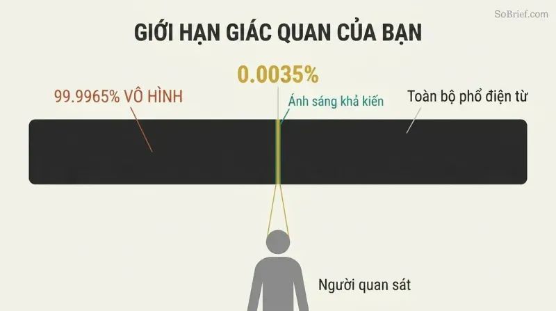 Proportion diagram showing a vast horizontal spectrum bar where a nearly invisible sliver represents the 0.0035% humans can see.