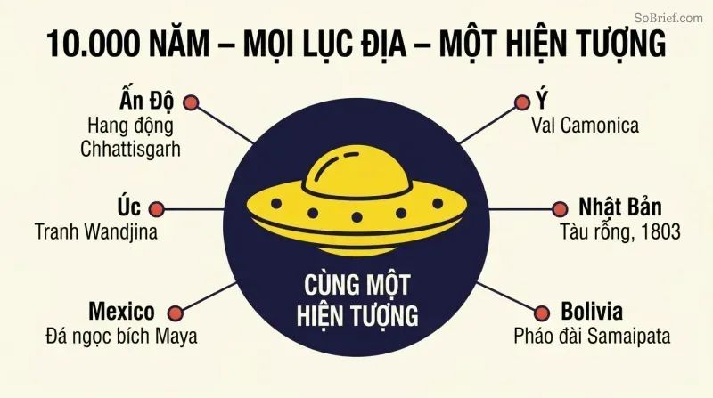 Hub-and-spoke diagram with a central disc shape connected by lines to six labeled nodes representing ancient civilizations across different continents that independently depicted similar aerial phenomena.