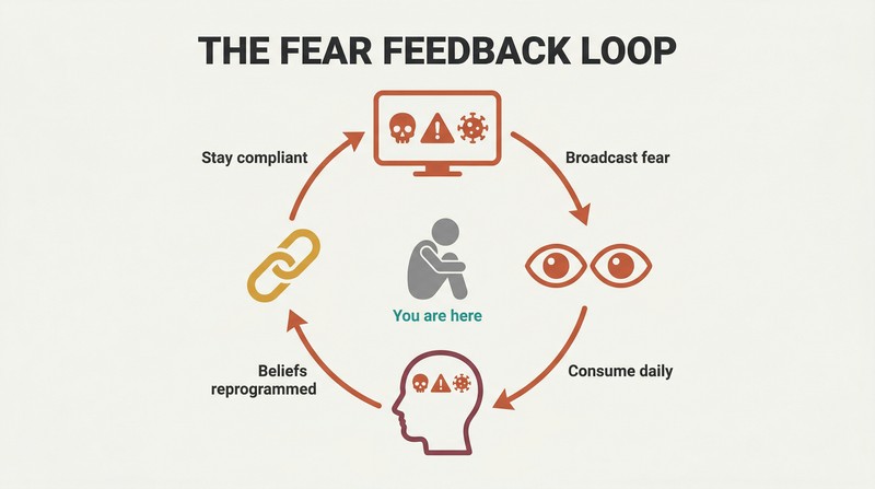 Four-node circular diagram showing how media broadcasts fear, audiences consume it, beliefs get reprogrammed, and compliance drives further consumption in a self-reinforcing loop.