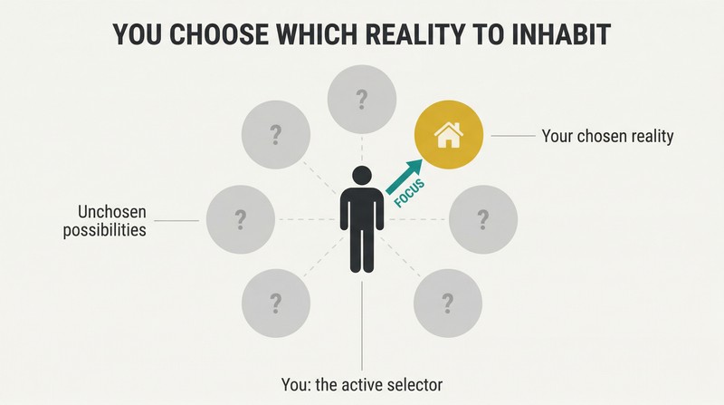 Central human silhouette surrounded by multiple reality circles, with one illuminated in gold and the rest faded to gray, showing active selection from infinite possibilities.
