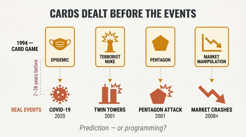Two-row matching diagram connecting four 1994 card game depictions to real-world events that occurred years later, emphasizing the temporal gap between fiction and reality.