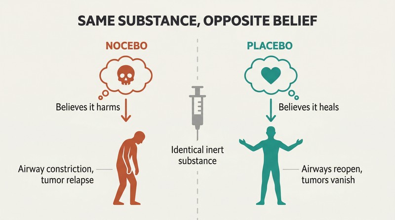 Split panel showing an identical substance at center diverging left toward sickness through nocebo belief and right toward healing through placebo belief.
