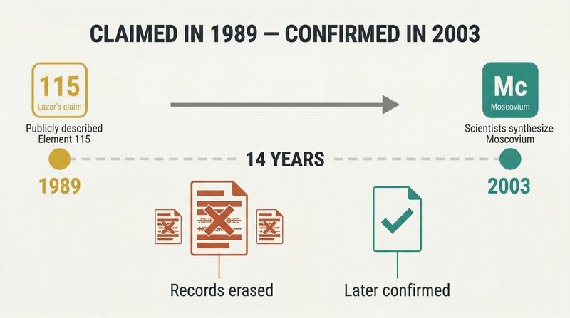 Timeline showing Bob Lazar's 1989 Element 115 prediction on the left connected by a 14-year gap to its 2003 scientific confirmation on the right, with redacted records shown below.