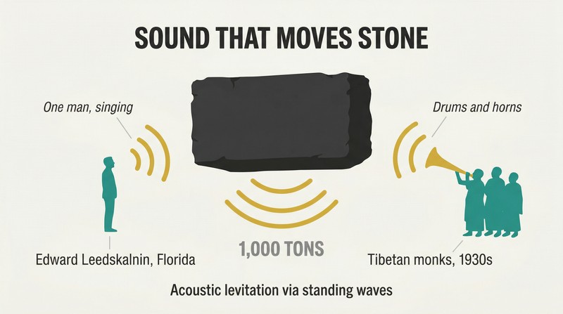 Symmetrical diagram showing a single man and Tibetan monks on opposite sides, both emitting sound waves toward a massive stone block floating at center.